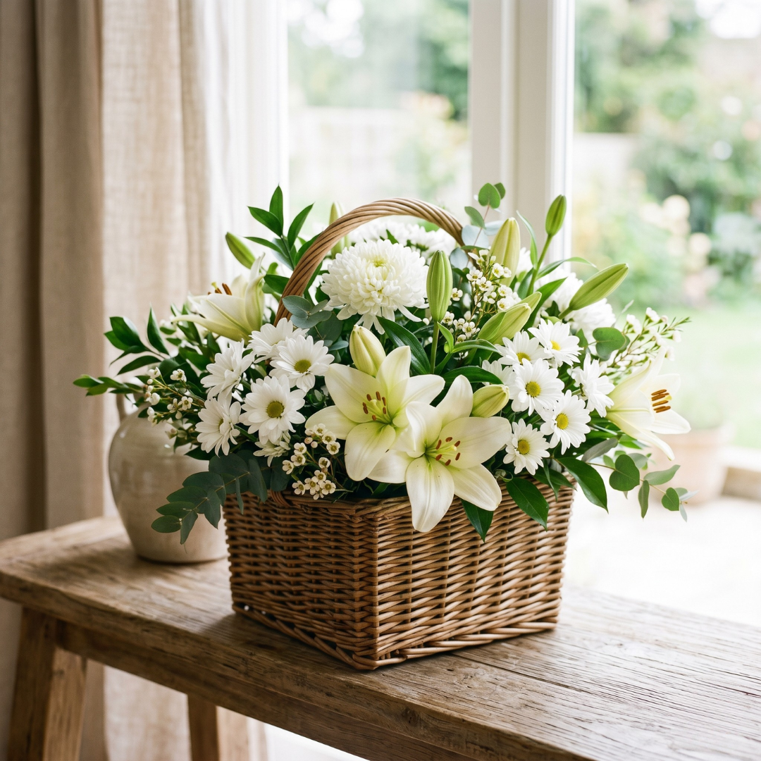 White Chrysanthemum & Lily Basket Arrangement